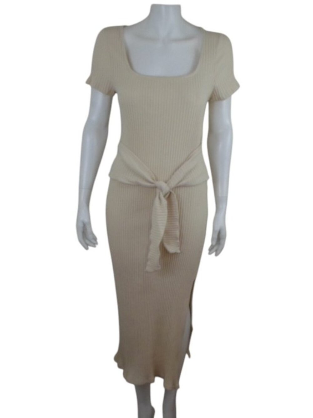 TOPSHOP Beige Rib Knit Short Sleeve Tie Waist Midi Dress